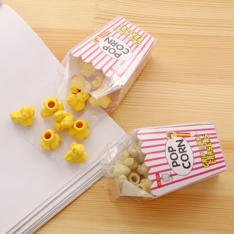 12pcs/box Cartoon Popcorn Pencil Eraser Japanese Stationery Creative popcorn shape erasers Supplies Kawaii Food Popcorn Erasers