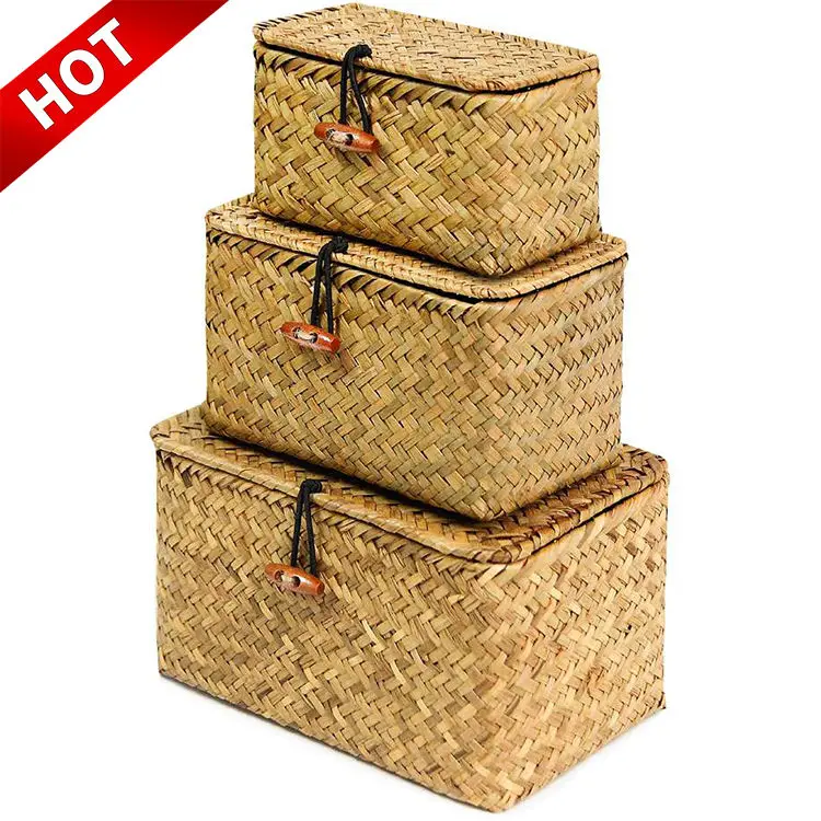 Wicker Basket Desktop Makeup Organizer Multipurpose Container Shelf Baskets with Lid Set of 3 Handwoven Seagrass Storage Box