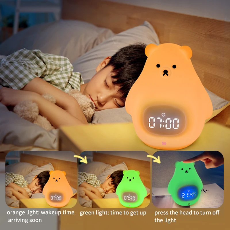 Custom Silicone Bear Sleep Trainer Digital Watch LED Night Light Desk Alarm Clocks Smart Cute Silicone Led Night Light Clock