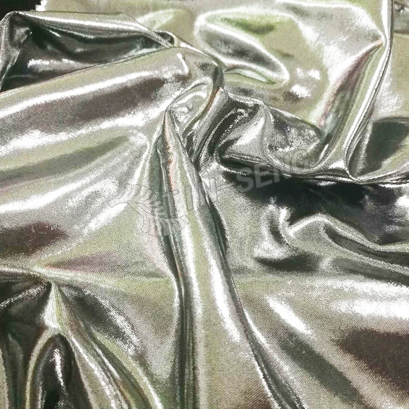 Black Silver Metallic Foil Fabric , Stretch Poly Span Foil Fabric