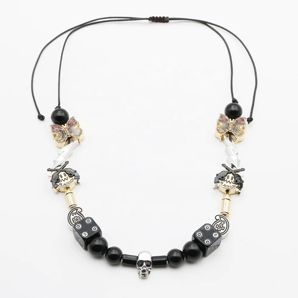 Punk Rock Skull Head Butterfly Gun Rope Adjustable Choker Lucky Dice Beaded Necklaces Punk Fashion Streetwear Jewelry Unisex