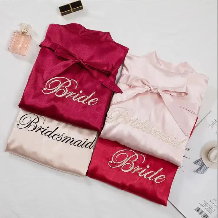 Wedding monogrammed sleep pajamas pijama long satin silk lace bridal brides and bridesmaid robes