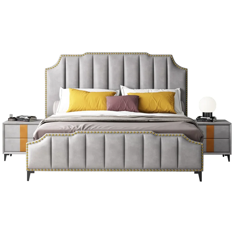 Modern bedroom furniture Technology cloth Soft Case bed set wholesale family practical solid wood frame fabric bed