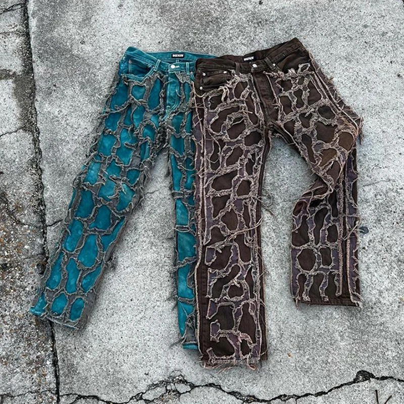 DiZNEW Custom Street loose straight embroidery tear distressed pocket patch loose denim jeans printed jeans Men jeans plus size