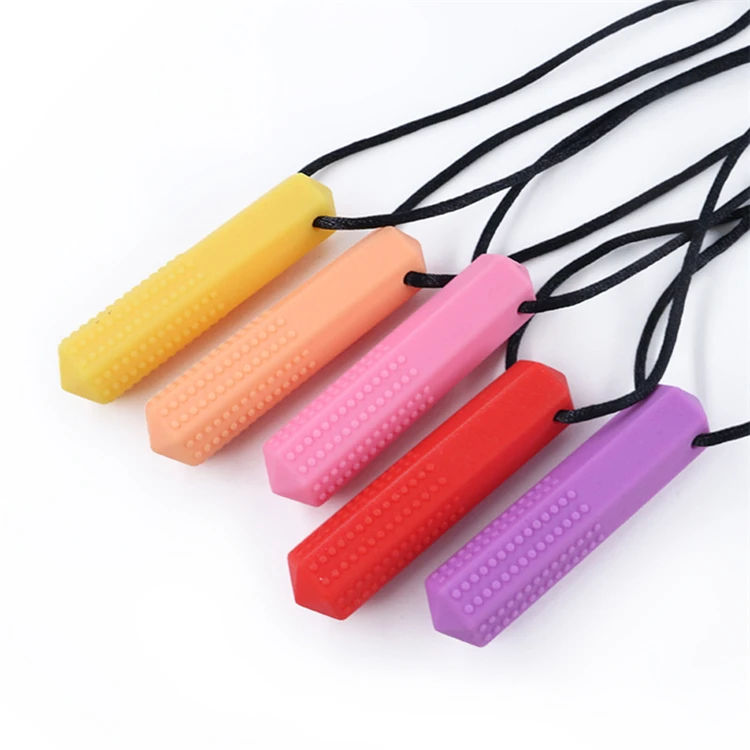 
Amazon Hot 7 Color Triangle Silicone Teether Darts Chewed Necklace for Autistic Children Baby Molar Sticks Baby Teether Necklace 