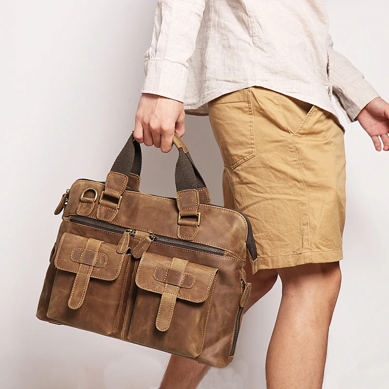 Mens Messenger Bag  Vintage Genuine Leather Briefcase Large Satchel Shoulder Bag Rugged Leather Computer Laptop Bag, Brown