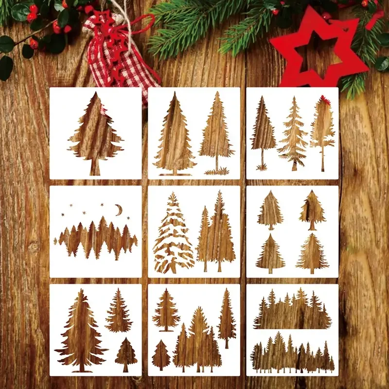9pcs Christmas Painting Stencils, Pine Tree Painting Supplies, Spray Painted Pine Wood Graffiti Decorative Hollow Drawing Board