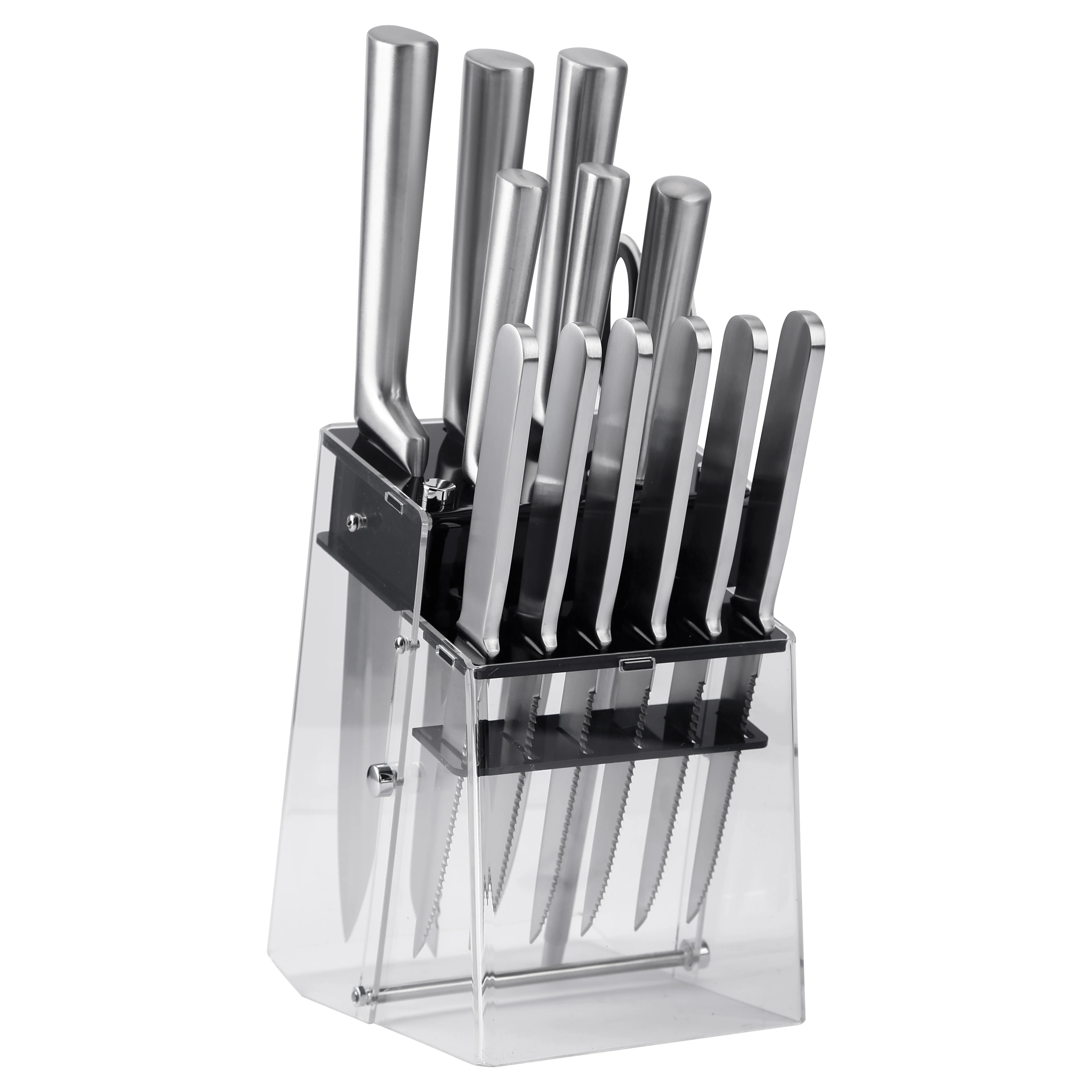 New Design Eco-Friendly Kitchen Knife Block Sets 3cr13 Blades with ABS Handles Sharp Cutting Cooking Accessories Acrylic Stand