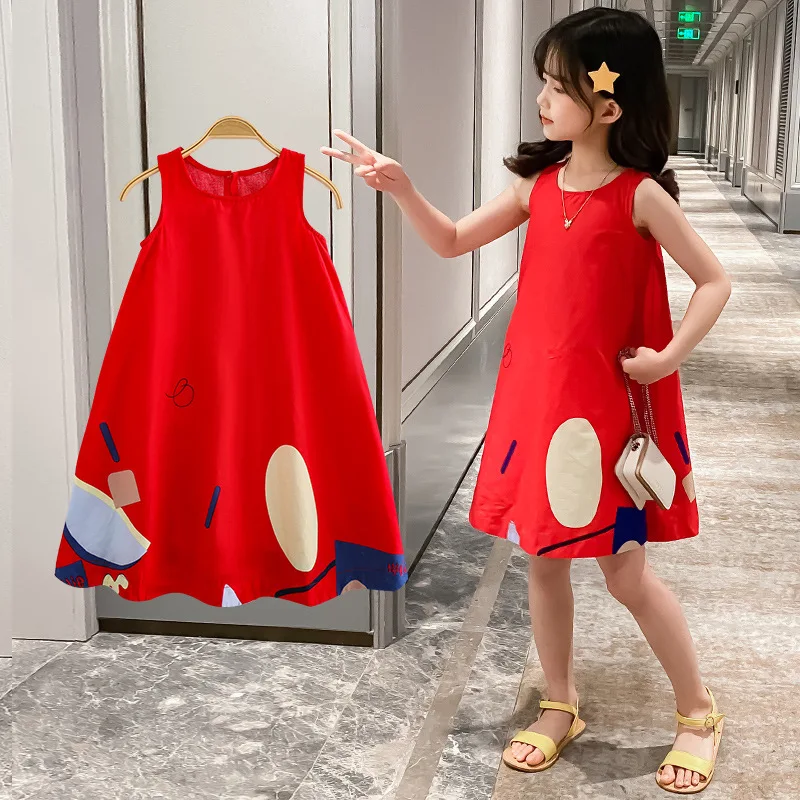 2022 Fashion Kids Circle Printed Sweet Loose Dress Children Girls Korean Summer Sleeveless Hot Sale A-line Casual Dress