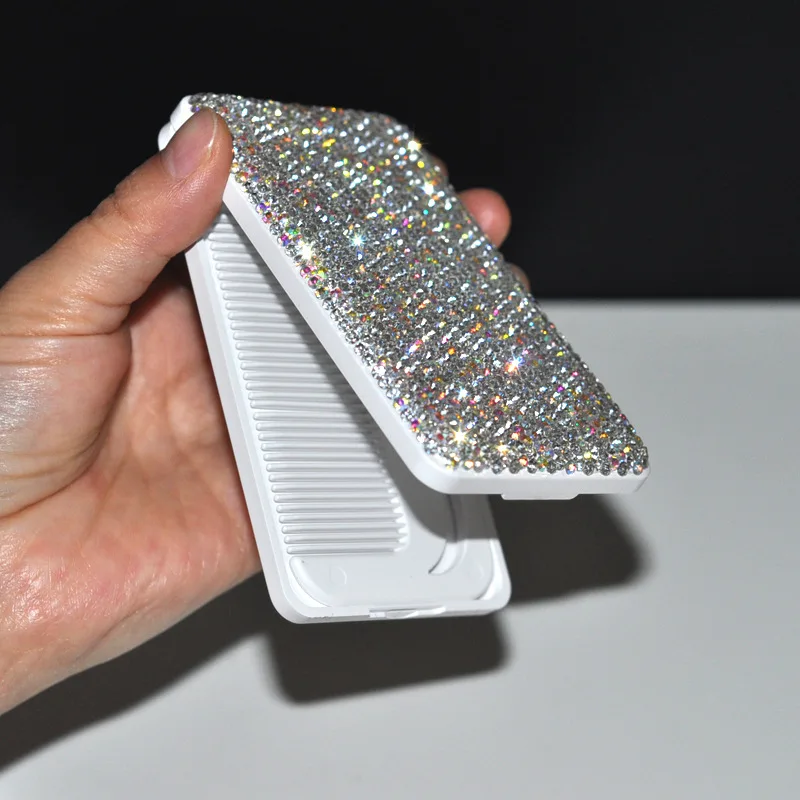 Luxury Rhinestone Travel Portable Folding Mirror With Hair Brush Pocket Hair Comb Mirror