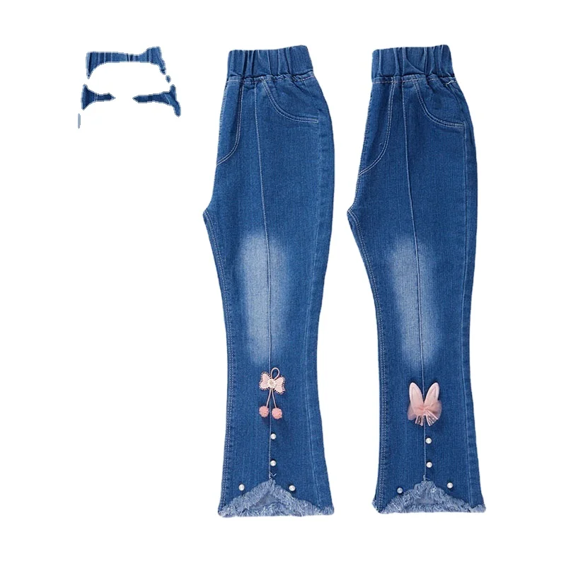 Children Blue Cute Washed Flared Denim Trousers for 3-13 Years Fashion Toddler Girl Sweet Bell-Bottoms Jeans Pants A0862