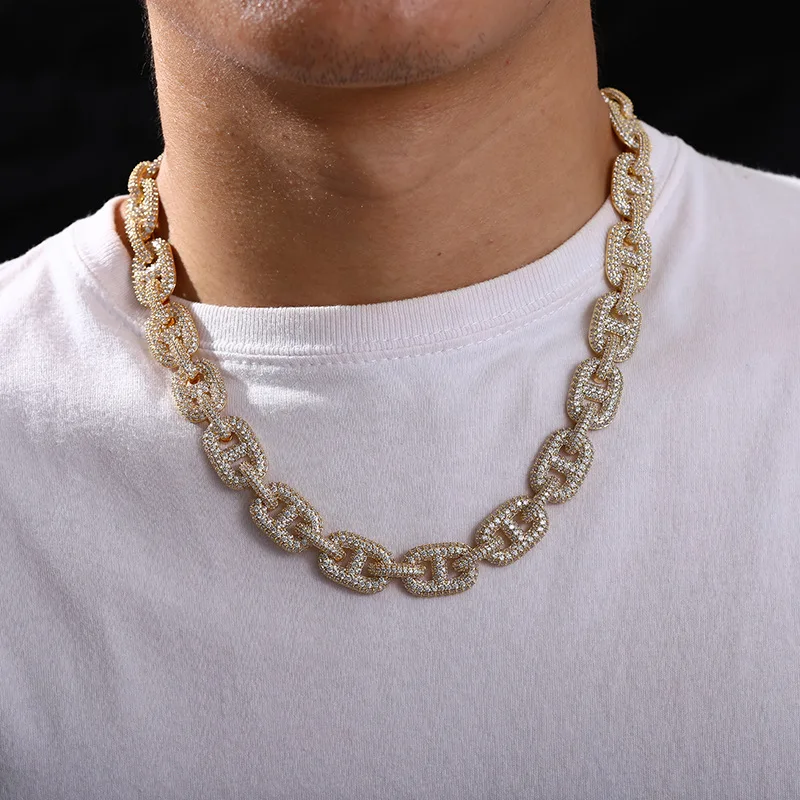 Hip Hop Chain 15mm Wide Box Clasp  Zirconia Genuine Gold Plated Pig Nose Necklace Jewelry