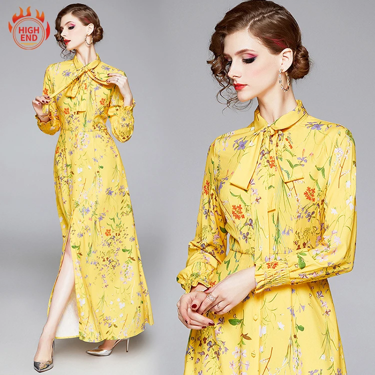 2021 Autumn Yellow Long Sleeves Lady Elegant Long Dresses Floral Women Evening Dresses