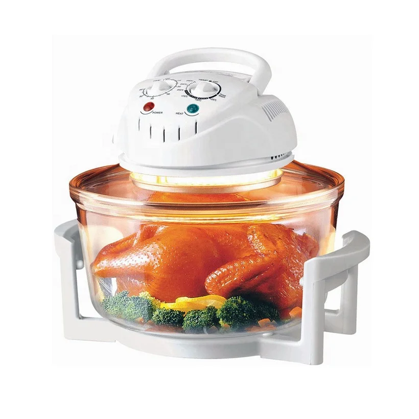 17L 1200-1400W multi functional black color round shape broils roasts glass bowl turbo cooker bulbs halogen oven with ETL