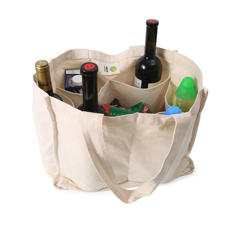 
High quality large size custom print many pockets wine bag eco friendly canvas shopping tote bag 