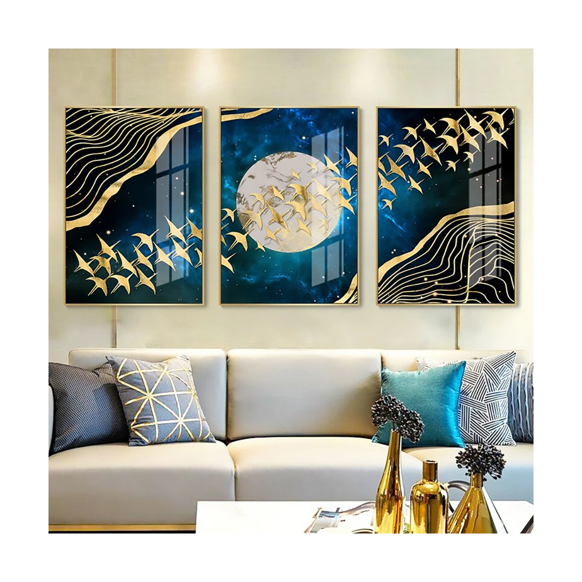 auspicious golden birds moonlight  wall art fine art canvas prints modern pictures for living room dining room bedroom art decor
