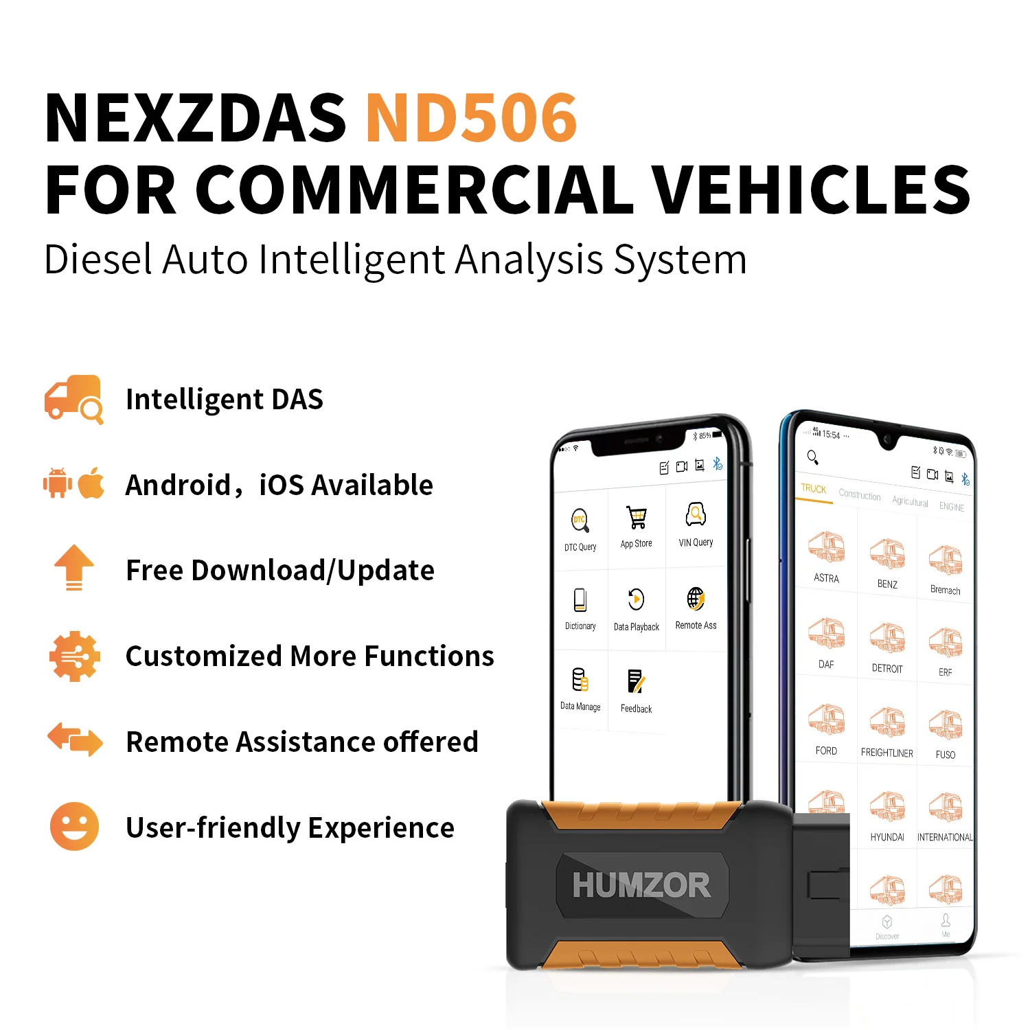 Humzor ND506 коммерческие автомобили дизельные полная система Интеллектуальный диагностический инструмент сканер для считывания кодов неисправностей двигателя автомобиля