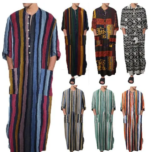 Hot Selling Cotton Khamis Arab Islamic Clothing Daffah Robe Stripe Thobe Men Muslim Abaya Moroccan Thobe With Pocket
