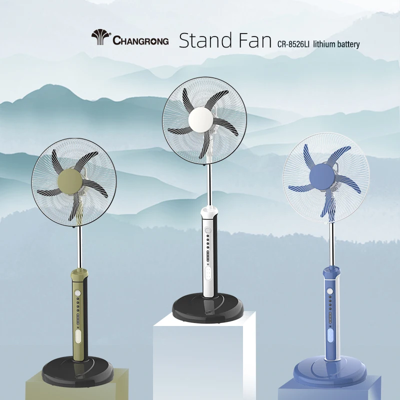 16 inch air cooling standing rechargeable fan with lithium battery led light AC/DC function and remote control solar fan