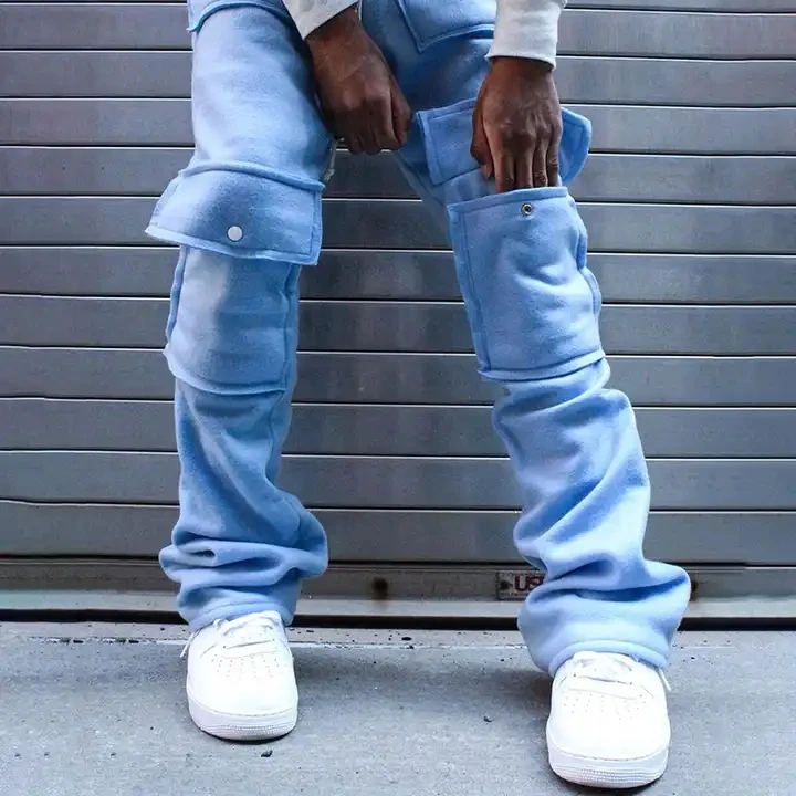Hip-hop Streetwear custom winter fleece jogger sweat pants multi pockets stacked sweatpants for  men