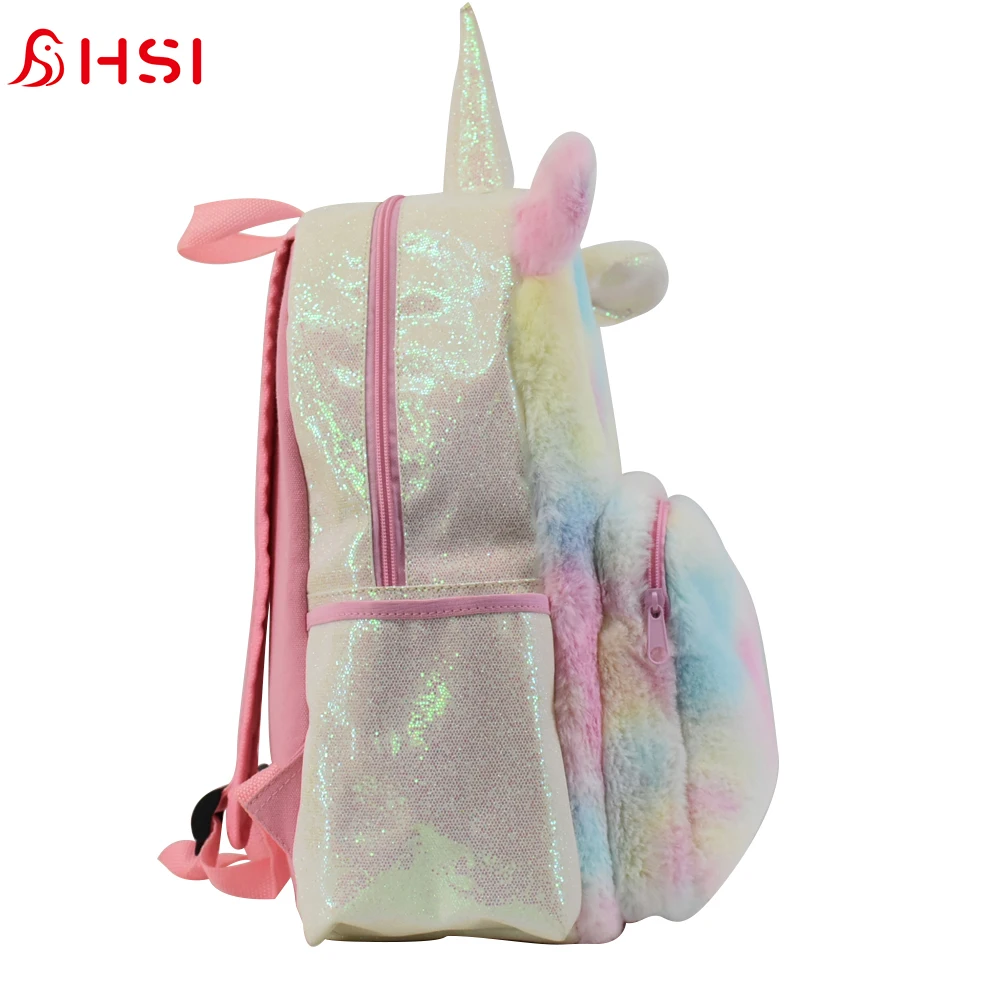 Fashion trendy custom plush  animal unicorn school bag  glitter  backpack for girls kids