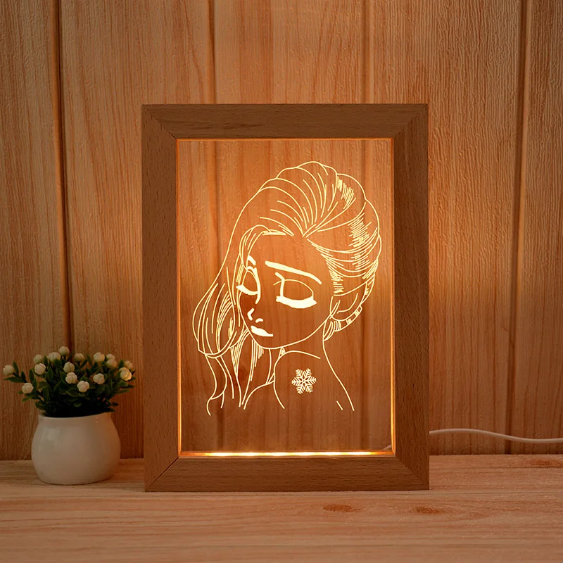 Wholesale  factory  Solid Wood LED Photo Light Table Desk Modern Style 3D Wood Frame Night Light Lamp