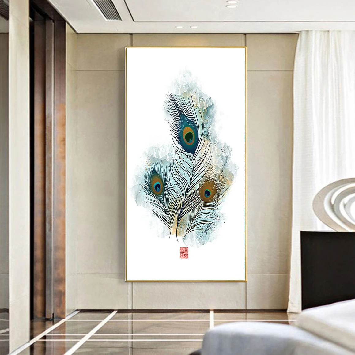 Best price classic peacock in green feather and blue feather frames wall home decoration artwork painting