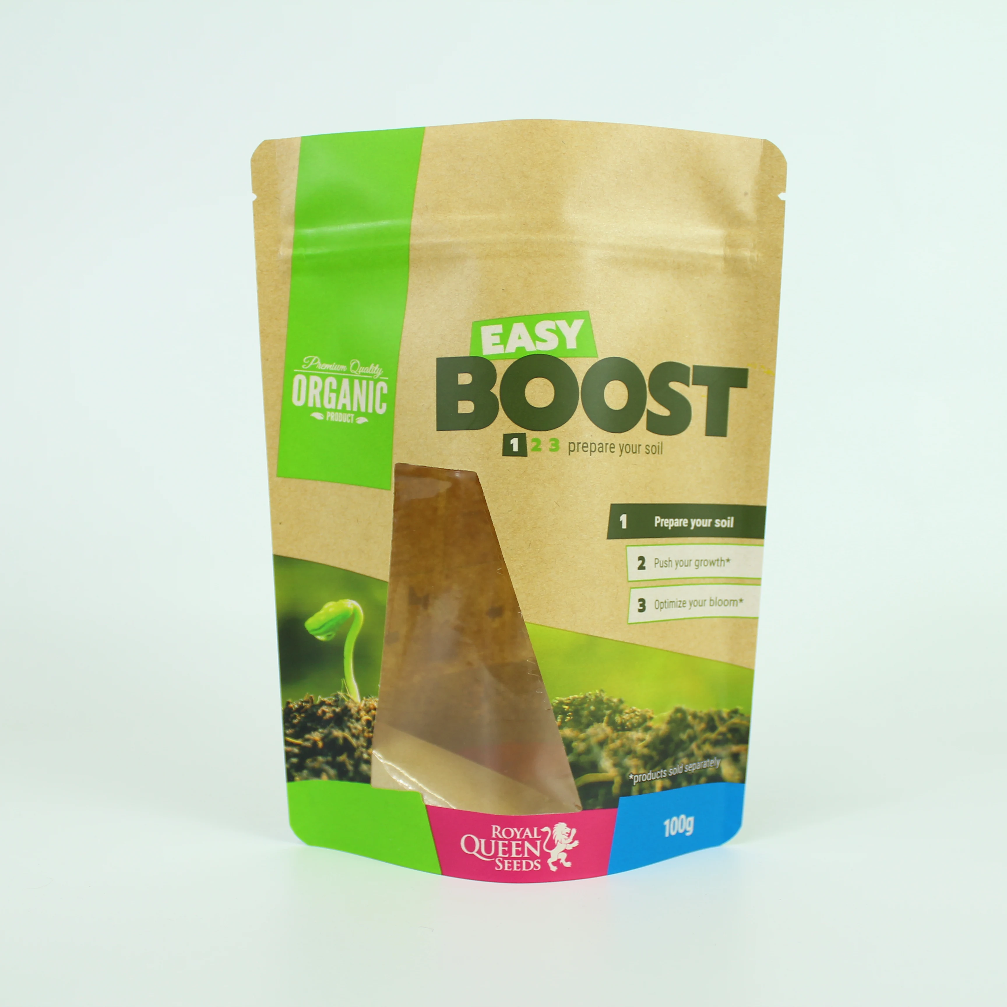 Custom printed brown kraft paper stand up bag with window and zipper for 100g seeds