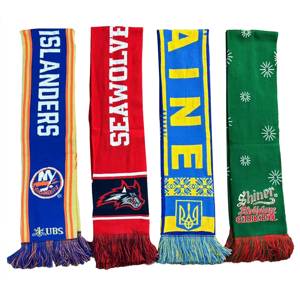 OEM двухсторонний акриловый Жаккардовый трикотажный футбольный фанат индивидуальный дизайн Футбольные Шарфы