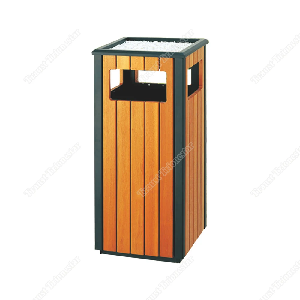 Traust manufacturer wooden outdoor curbside street garden park stainless steel inner standing round large litter bin trash can