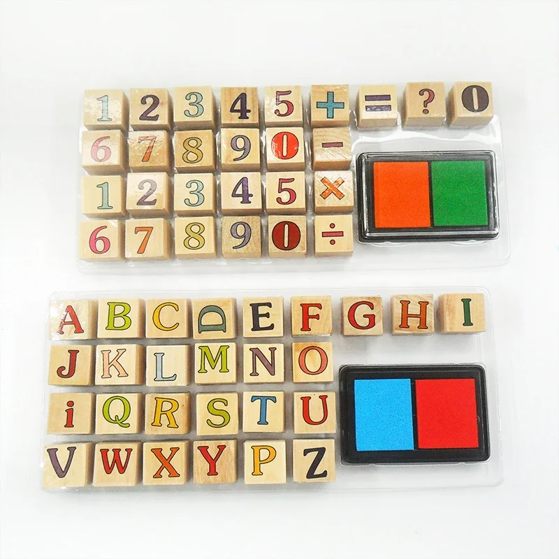 Children Toys Custom Personalised Alphabet Letter Number Wooden Stamp Set for Kids With Ink Pad
