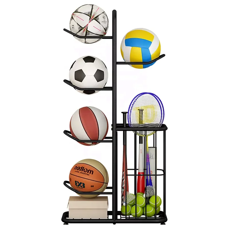 Sports 4-Tier Ball Storage Rack with Basket and Hooks Removable Metal Gear Storage for Football Volleyball Basketball Ball Rack