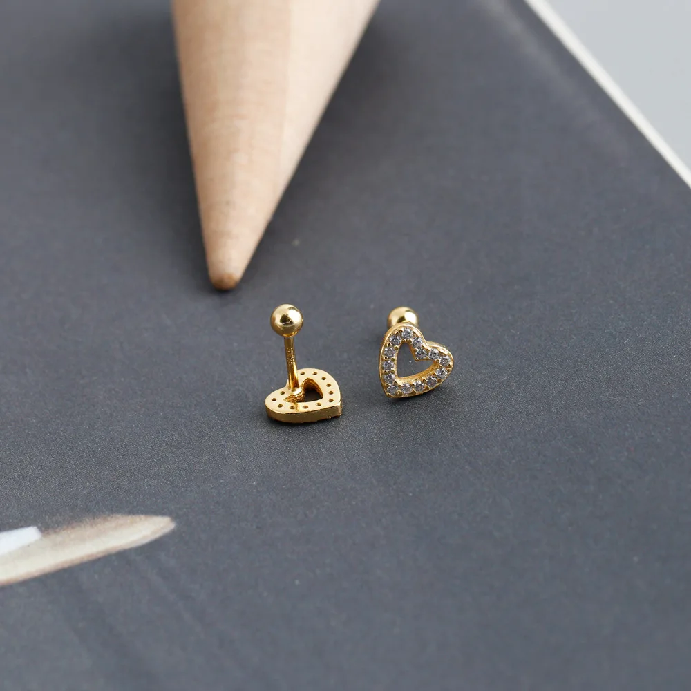 Cute Heart Love Stud Screw Earrings Gold Pated 925 Sterling Silver Hollow Out Zircon Heart Stud Earrings