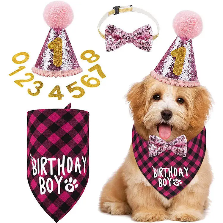 Pet Birthday Accessories Pet Hat Bow Tie Party Set Dog Birthday Decoration Balloon Alphabet Pull Flag Pet Birthday Hat