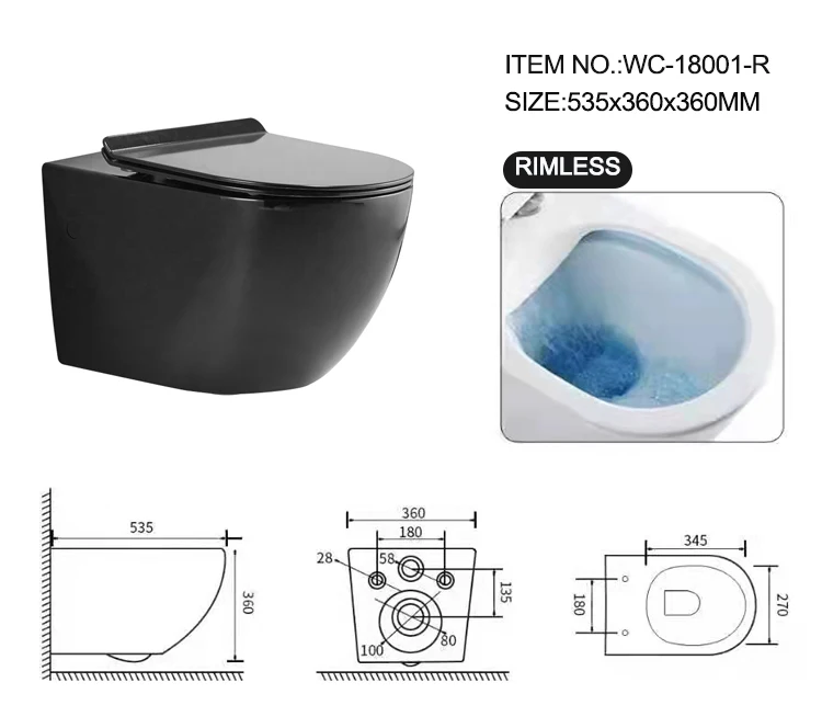 OVS cUPC North America Wholesale Wc Bathroom Washdown Water Closet Black New Design Square Wall Hung Toilet