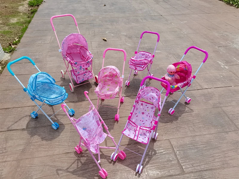 Fashion foldable iron pram toy lovely baby doll stroller toy kids pink and blue lovely stroller toy
