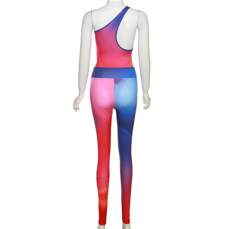 MD-2022052027    Bodysuits And Top Fashion Tie Dye Printed One Shoulder Sleeveless Women Two Piece Outfits