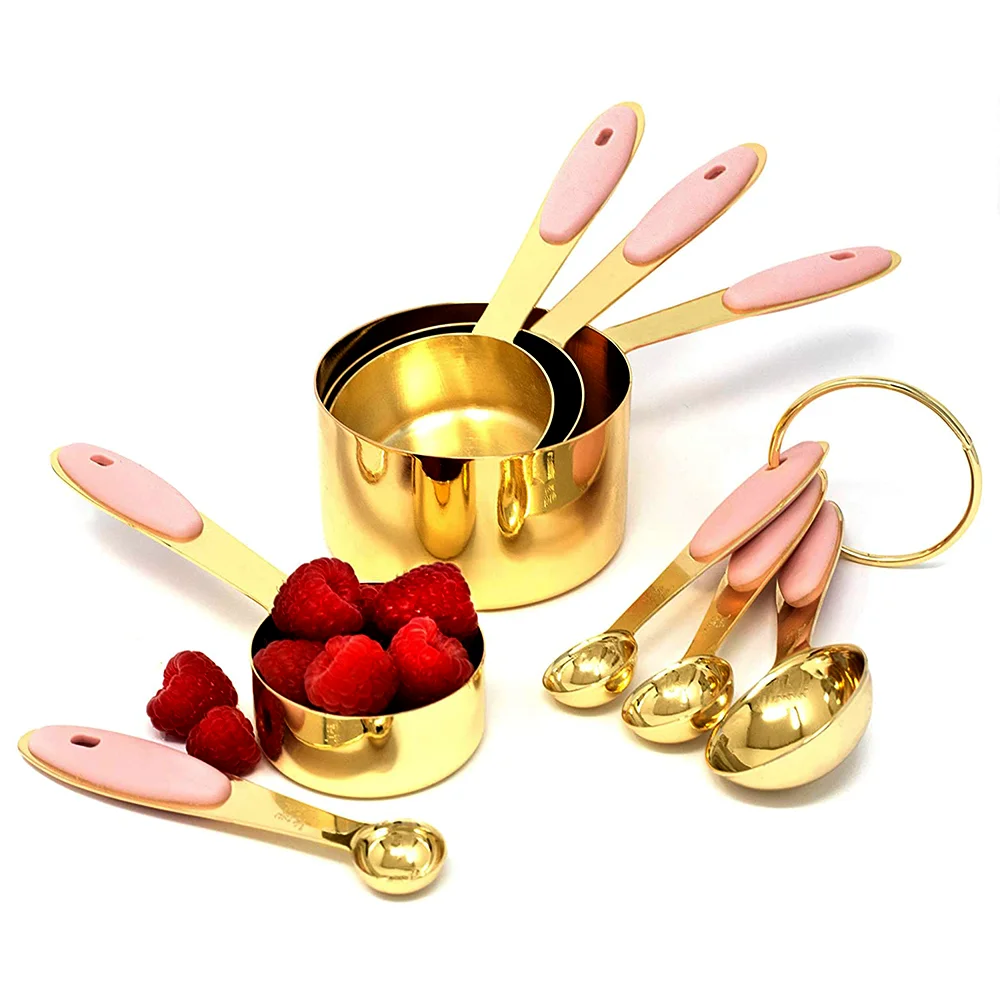 Rose gold Stainless Steel brass metal kitchen cooking measuring spoon and cup with Pink handle spoons cups of coffee espresso
