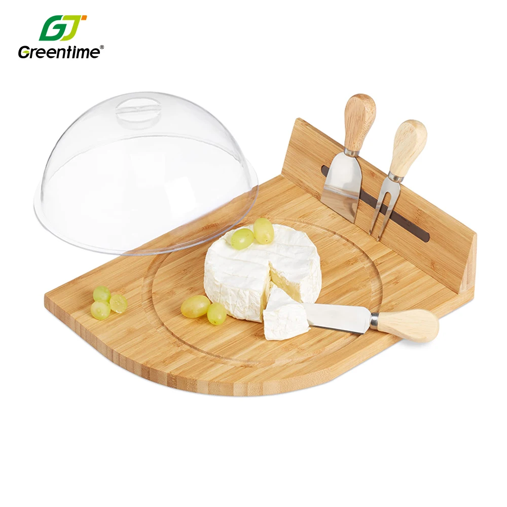 Butter Bread Plate Cutting Board Wooden Bamboo Cheese Board And Knife Set With Transparent Acrylic Lid