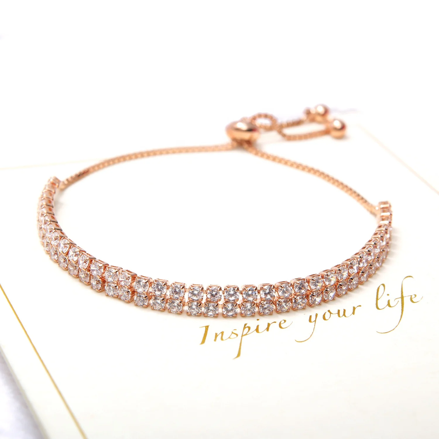 2020 Hot Selling Fancy Crystal Jewelry Rose Gold Double Raws Adjustable  Push-pull Crystal Chains Brass Bangle Bracelets Women