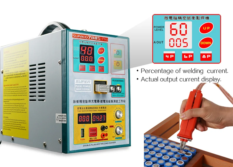 SUNKKO 3.2KW 788S-PRO Battery Spot Welder 0.05-0.35mm with 36V2A Charging and Test 70BN Pen Battery Pack Welding Machine