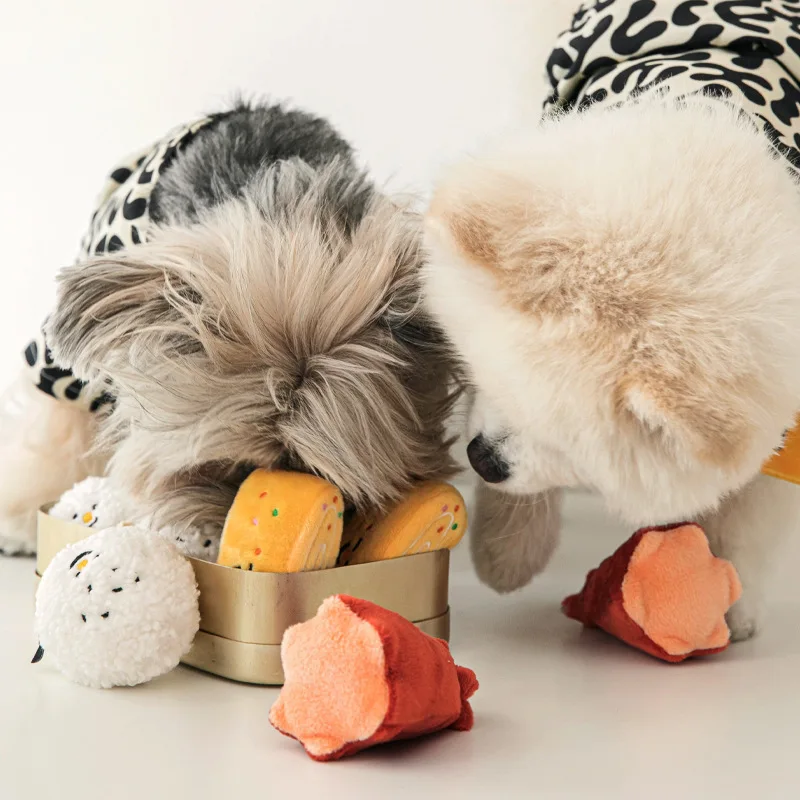 Hot Selling Luxury Soft Plush Interactive Squeaky Food-leaking Bento Chew Toy Sausage Rice Ball Faux Fur Indoor Training Tools