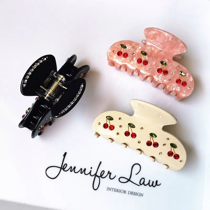 ins Fashion Cute Diamond-studded Cherry Hairpin Korea Acrylic Acrylic Plate Horsetail Hair Claw Shark Clip