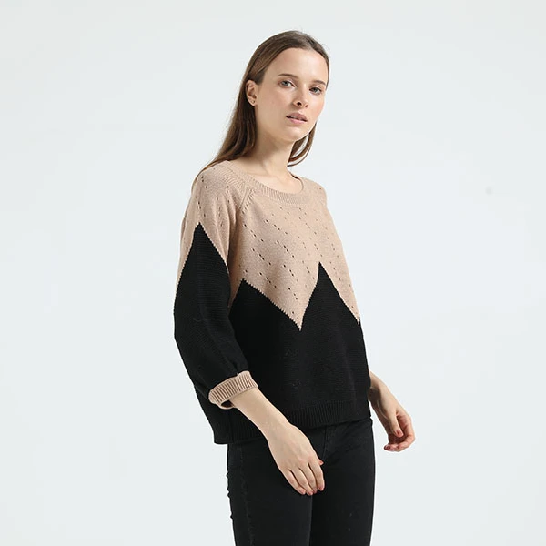 Wholesale Custom Logo Knitted Pullover Sweater Vintage Crew neck Women Clothing Two Toned Ladies Intarsia Sweater