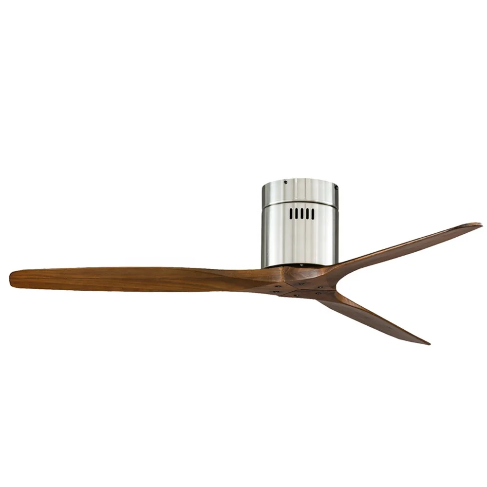 
52 Inch Brushed Nickel Low Profile Power AC 3 Blade Wood Flush Mount Ceiling Fan Without Light 