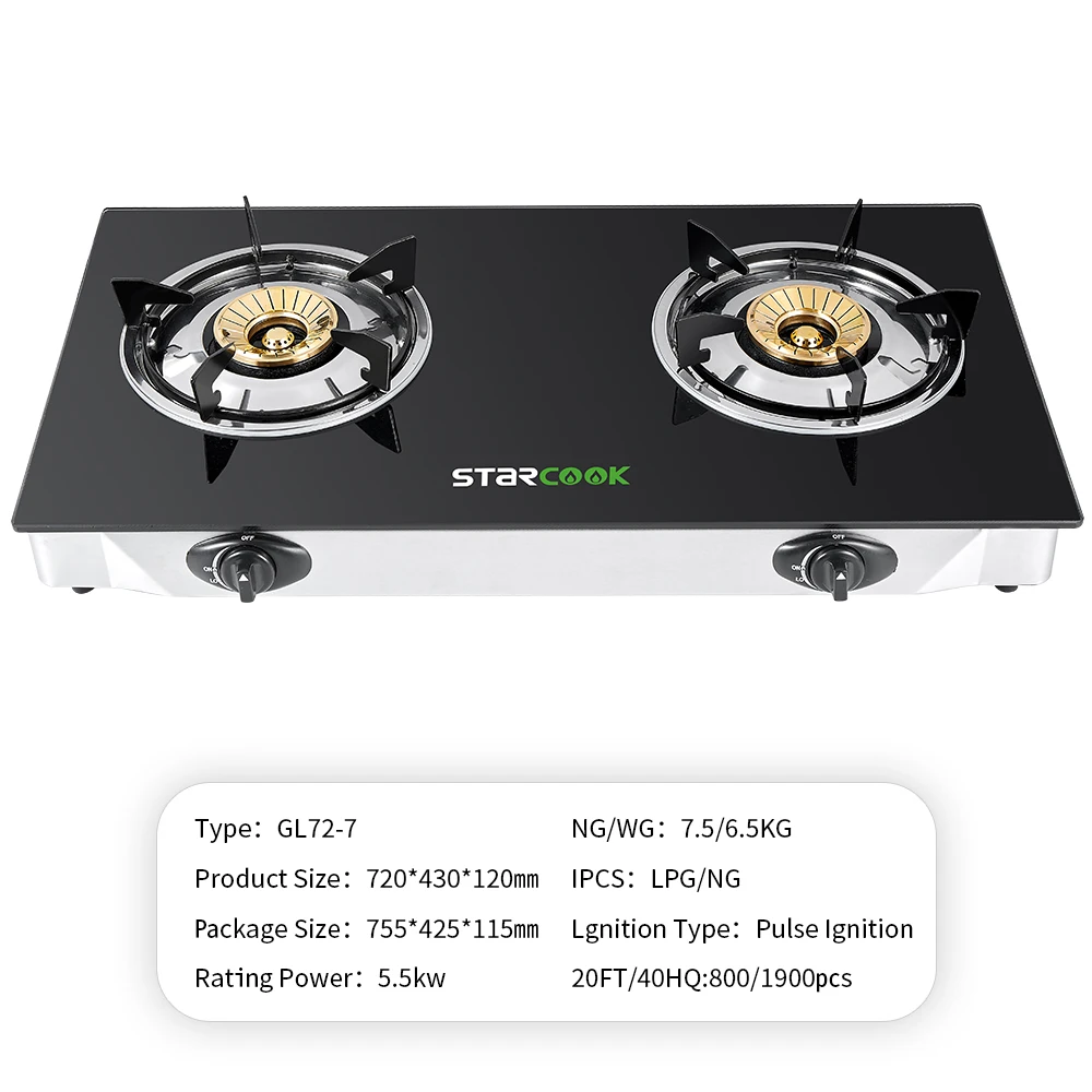 Tempered Glass Family Gas Cooker Brass  2 Range Gas Stove