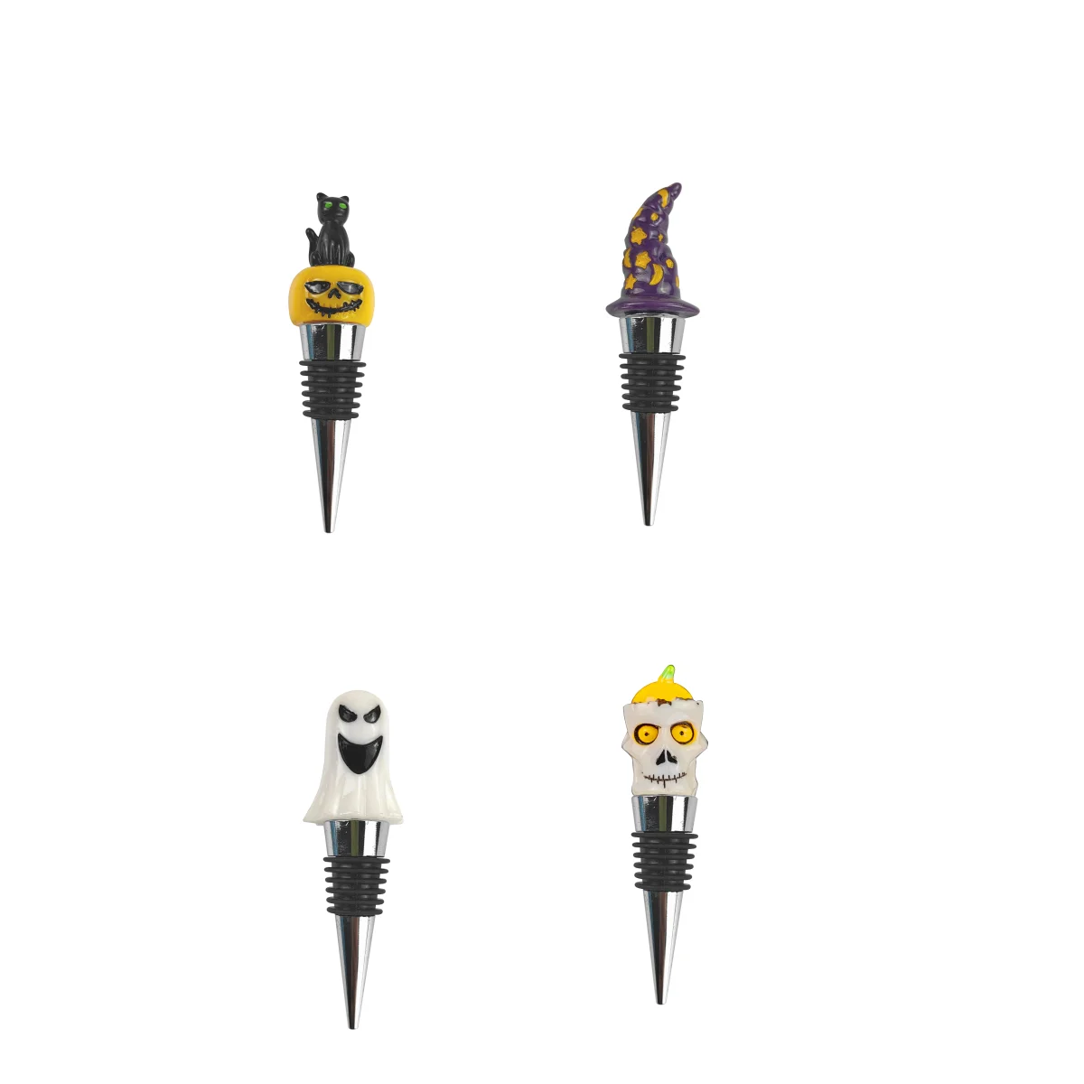 Set Of 4 Halloween Theme Wine Bottle Stoppers Resin Universal Leakproof Vacuum Plug Plug Round Tapered Style