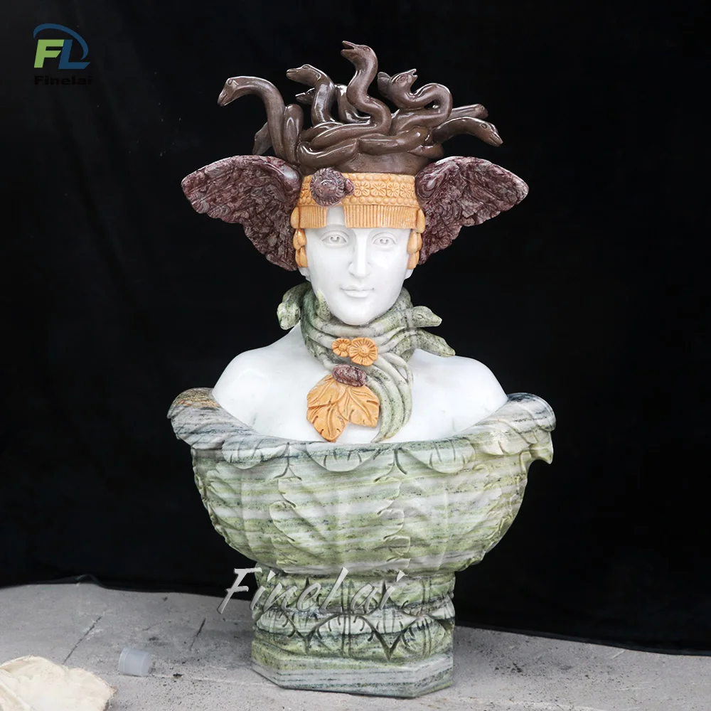 Finelai Famous Classic Hand Carved Natural Stone Carved medusa head bust statue sculpture for decor home