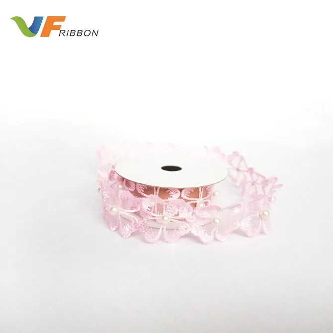 Chiffon Pearl Flower Embroidered Lace Trim / Bridal Wedding  Lace  wholesale haberdashery trim
