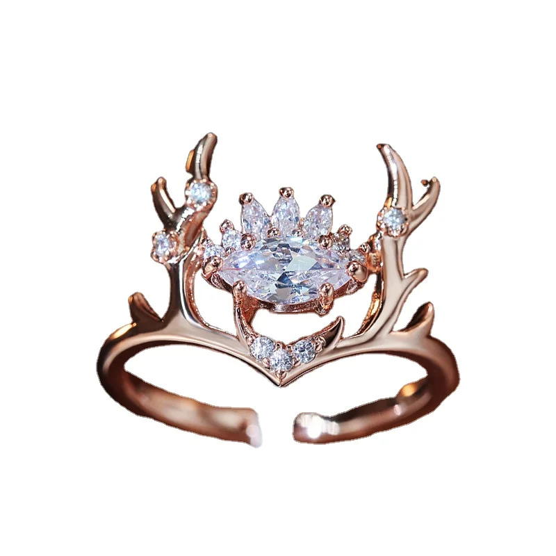 New Design Christmas Cute Fashion Rose Gold Color Antler Crystal Elk Ring for Party Present
